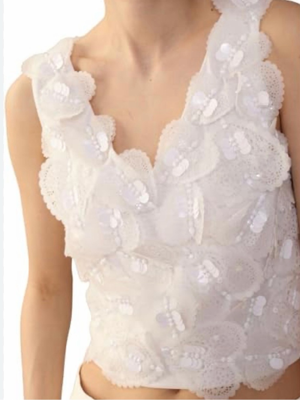 Cynthia Rowley White Floral Sequin V-Neck Tank